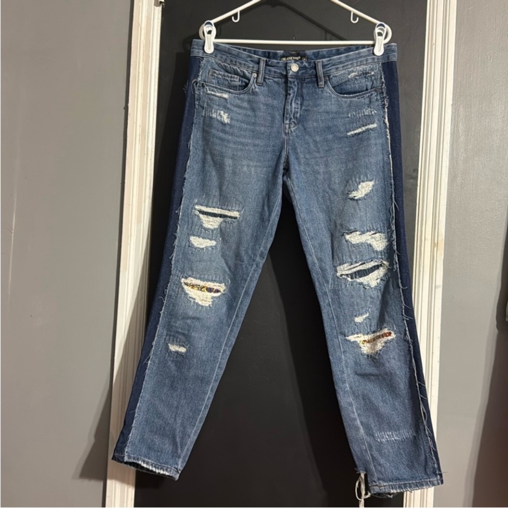 BLANKNYC Crop Girlfriend Distressed Patched Size: 28 Inseam: 28.5”